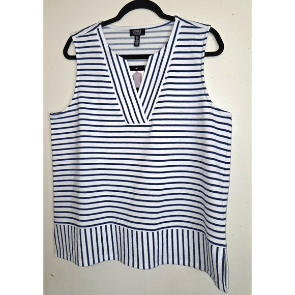 Jones NY Signature Striped Top Womens SIZE L Striped Blue White Nautical NWT - Picture 1 of 16